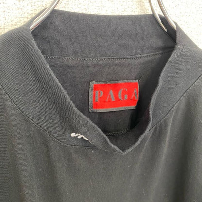 古着 used　半袖プリントTシャツ　PAGA　スタンドカラー　黒　ブラック　クルーネック　レトロデザイン　Lサイズ