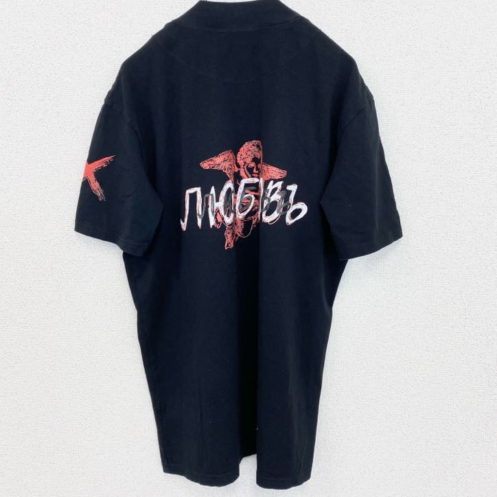 古着 used　半袖プリントTシャツ　PAGA　スタンドカラー　黒　ブラック　クルーネック　レトロデザイン　Lサイズ