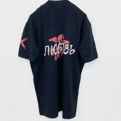 古着 used　半袖プリントTシャツ　PAGA　スタンドカラー　黒　ブラック　クルーネック　レトロデザイン　Lサイズ