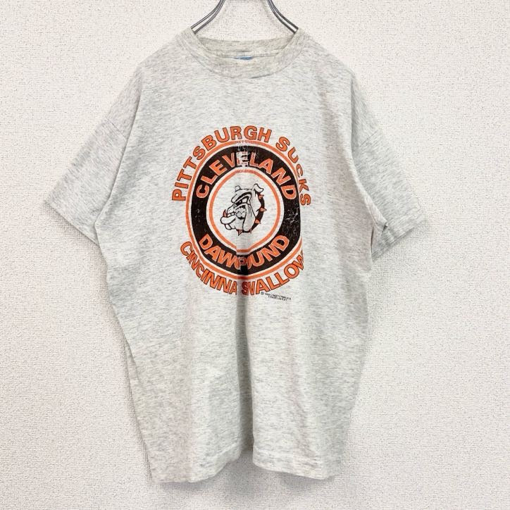 古着 used　90s　半袖アニマルプリントTシャツ　シングルステッチ　90s　クルーネック 　レトロ　犬　ブルドッグ　灰　グレー　