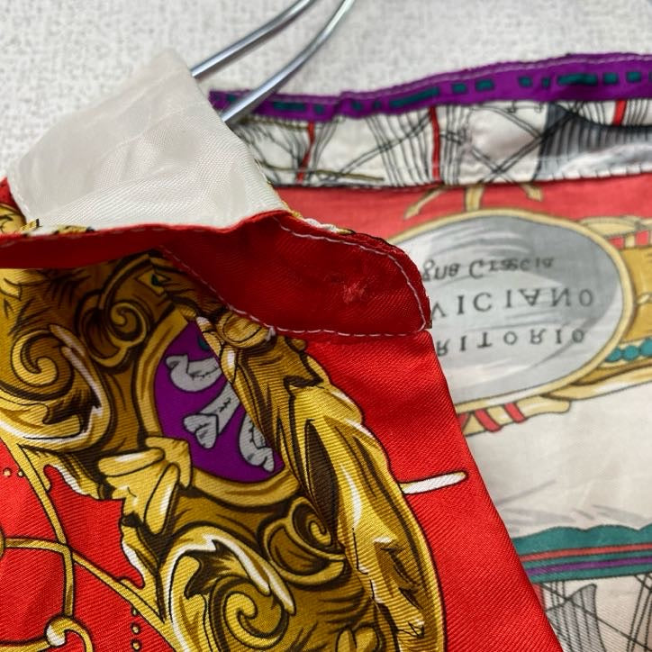 古着 used　長袖開襟柄シャツ　船　イタリア　TREVICIANO　トリビアーノ　白　ホワイト　赤　レッド　レトロデザイン