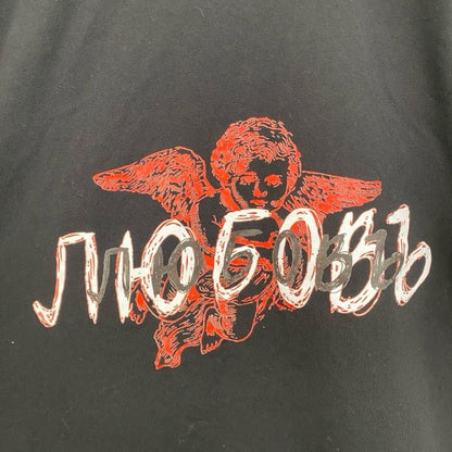 古着 used　半袖プリントTシャツ　PAGA　スタンドカラー　黒　ブラック　クルーネック　レトロデザイン　Lサイズ