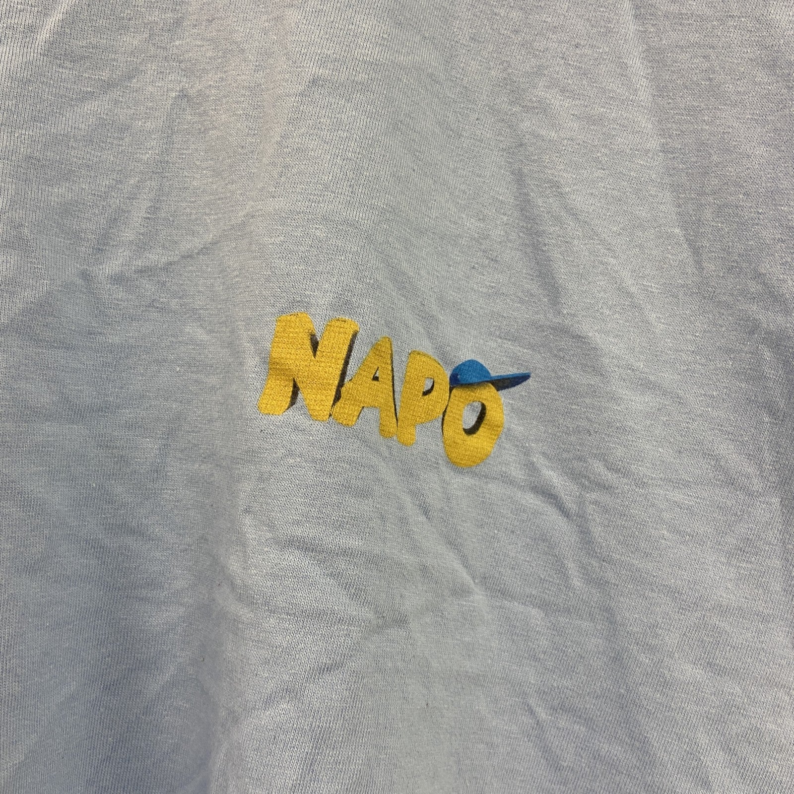 古着 used　SOL’S　半袖プリントTシャツ　NAPO　クルーネック　レトロデザイン　水色　ライトブルー　Lサイズ