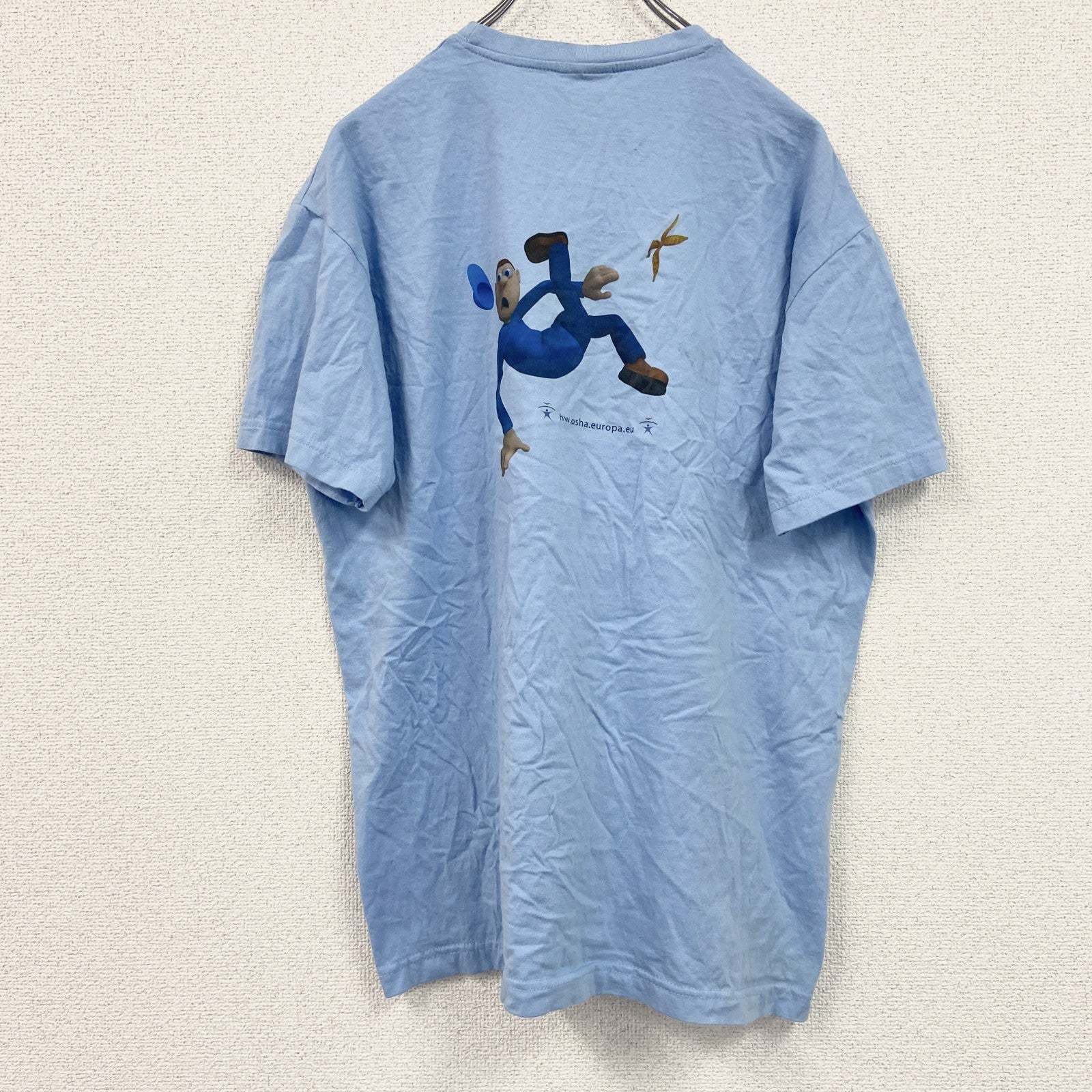 古着 used　SOL’S　半袖プリントTシャツ　NAPO　クルーネック　レトロデザイン　水色　ライトブルー　Lサイズ