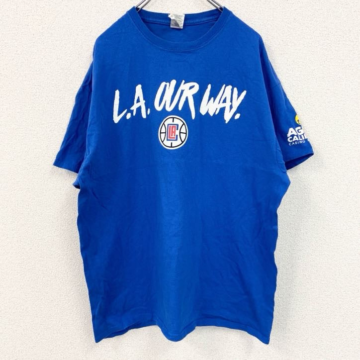 古着 used　ギルダン　半袖プリントTシャツ　ロサンゼルスクリッパーズ　クルーネック　レトロデザイン　青　ブルー　XLサイズ