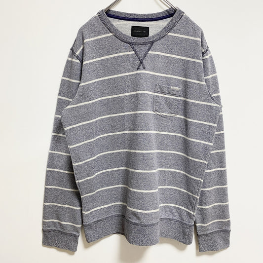 古着 used　O’NEILL　オニール　長袖ボーダー柄スウェット　トレーナー　Vガゼット　胸ポケット　レトロ　グレー　Mサイズ