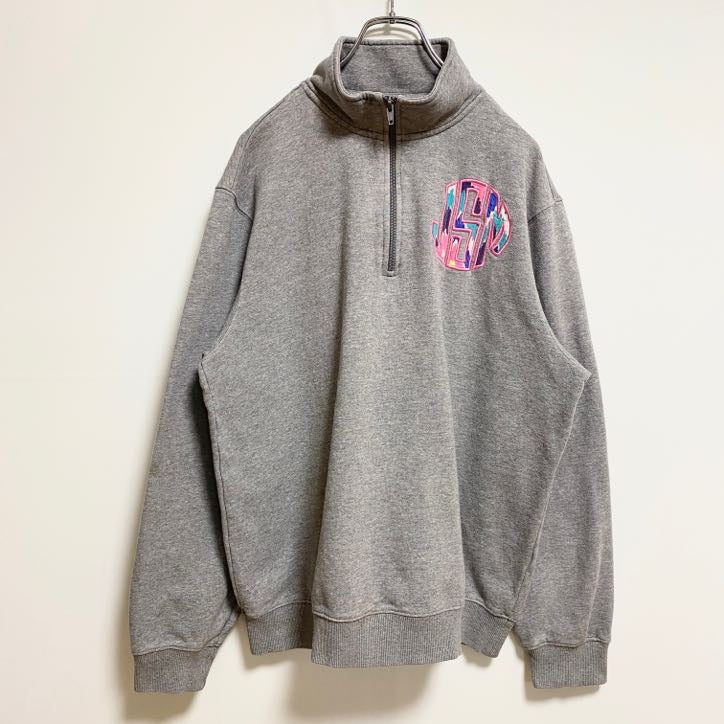 古着 used　SportTek　長袖ハーフジップスウェット　トレーナー　ワッペン刺繍　JSM　グレー　レトロデザイン　Mサイズ
