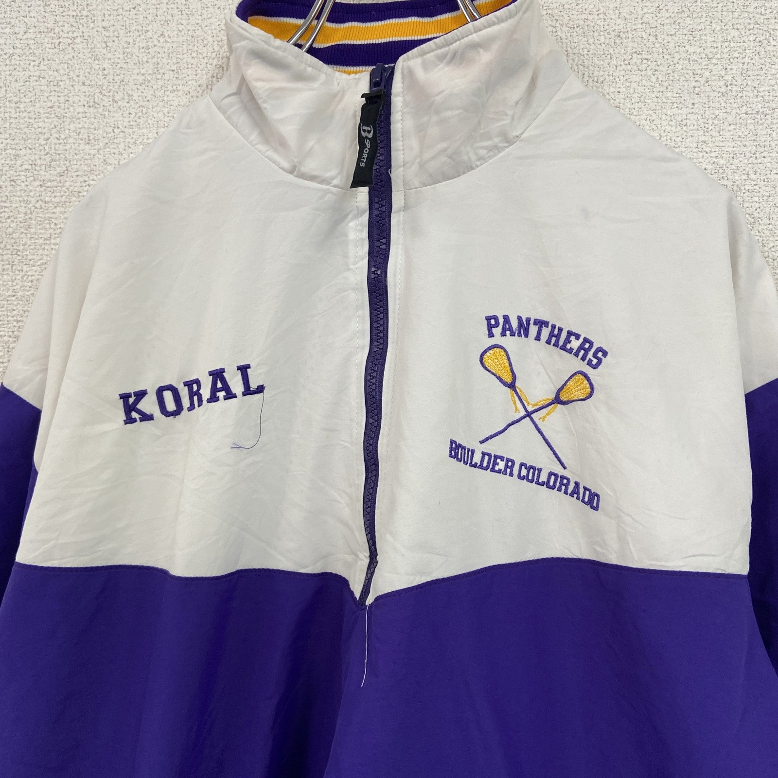 90s～　B SPORTS　ハーフジップナイロンプルオーバージャケット　バイカラー　白　ホワイト　紫　パープル　Lサイズ