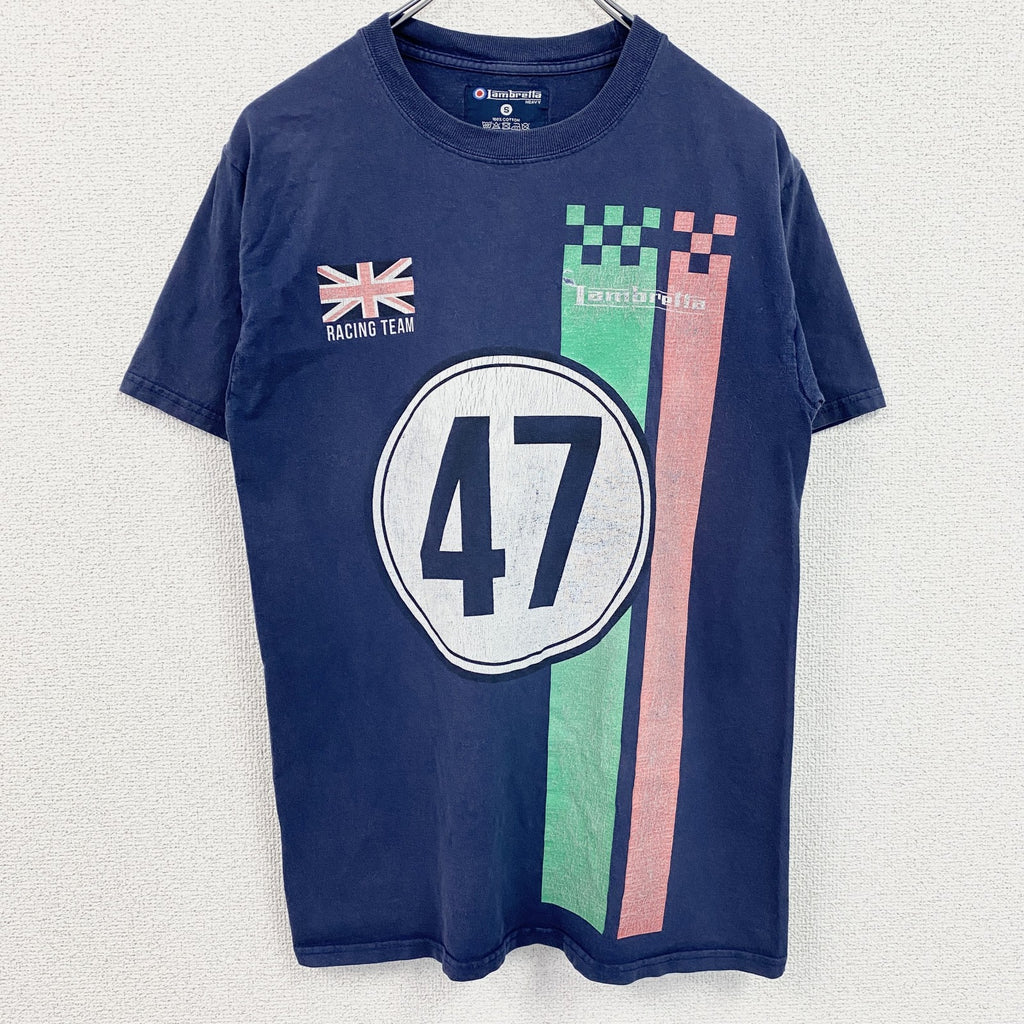 古着 used　Lambretta　半袖レーシングデザインプリントTシャツ　イギリス　クルーネック　ネイビー　Sサイズ