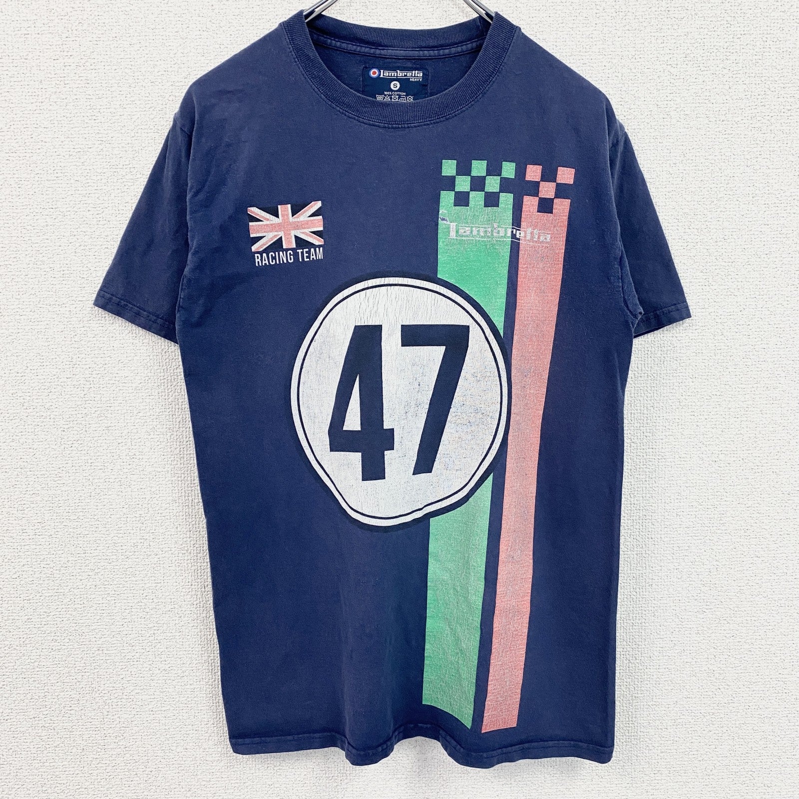 古着 used　Lambretta　半袖レーシングデザインプリントTシャツ　イギリス　クルーネック　ネイビー　Sサイズ