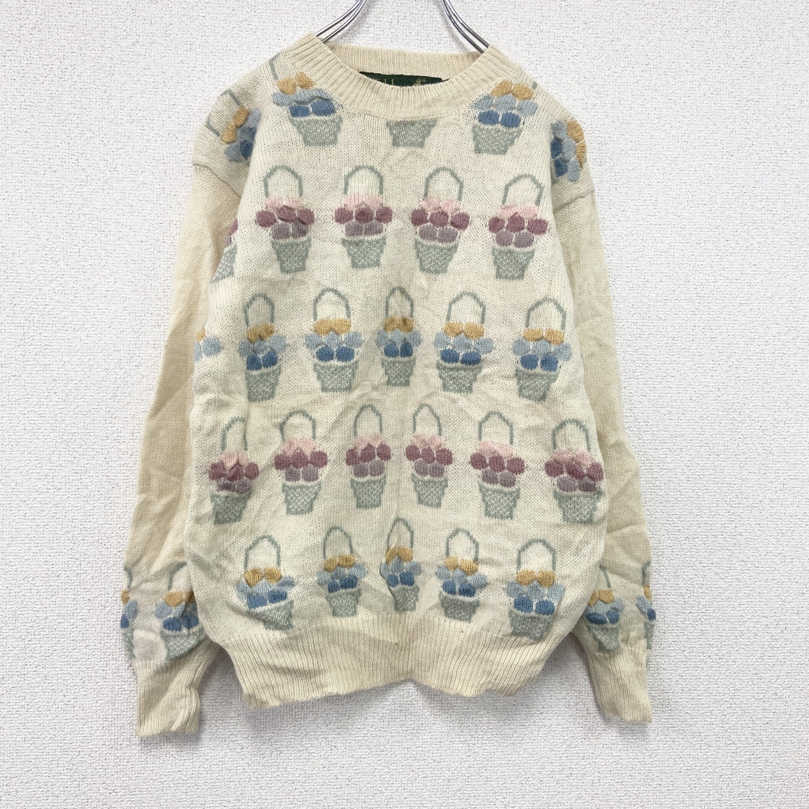 ～00s　Tulchan　ウールニットセーター　Pure New Wool　総柄　ヴィンテージ　アイボリー　Sサイズ