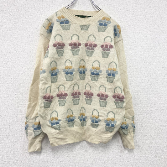 ～00s　Tulchan　ウールニットセーター　Pure New Wool　総柄　ヴィンテージ　アイボリー　Sサイズ