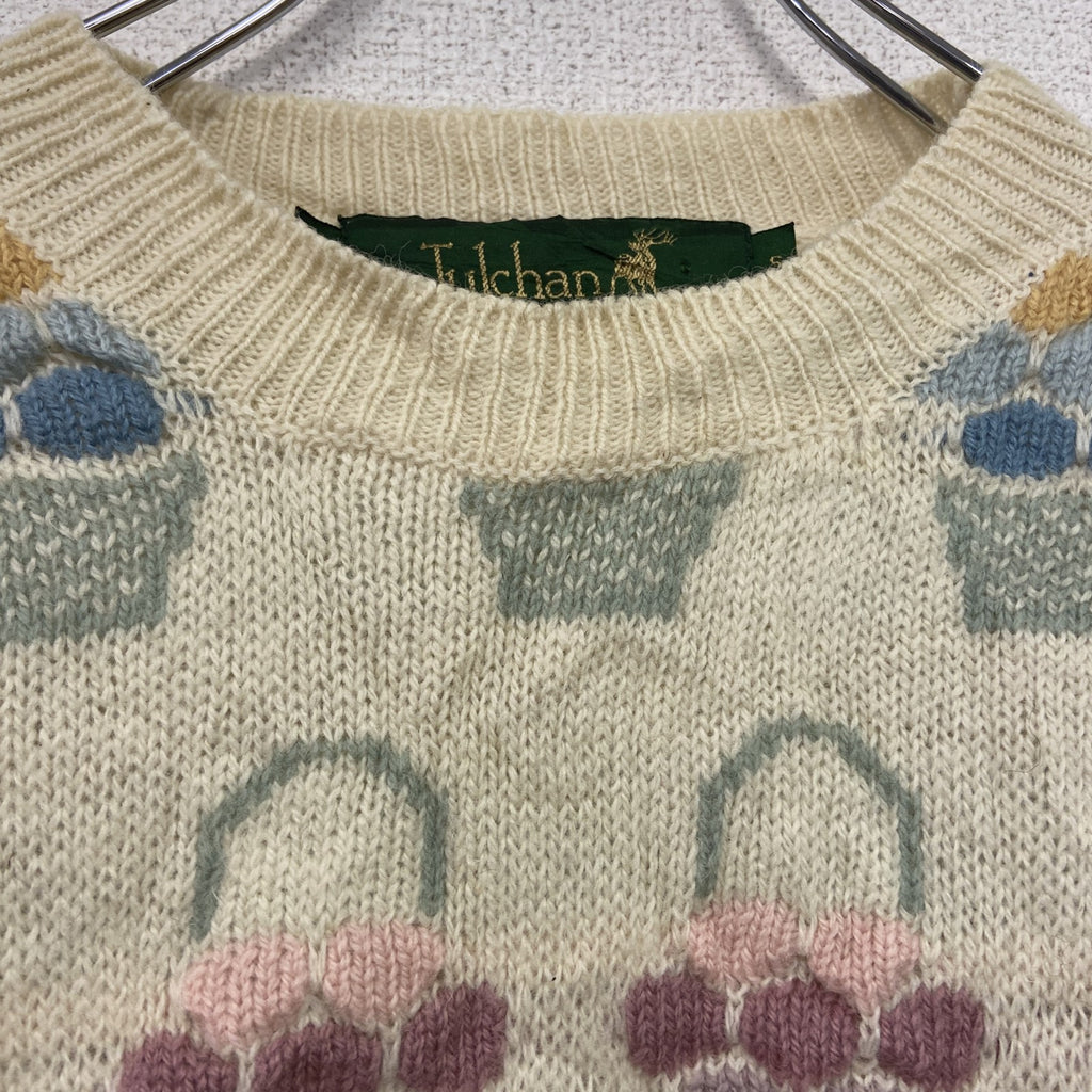 ～00s　Tulchan　ウールニットセーター　Pure New Wool　総柄　ヴィンテージ　アイボリー　Sサイズ