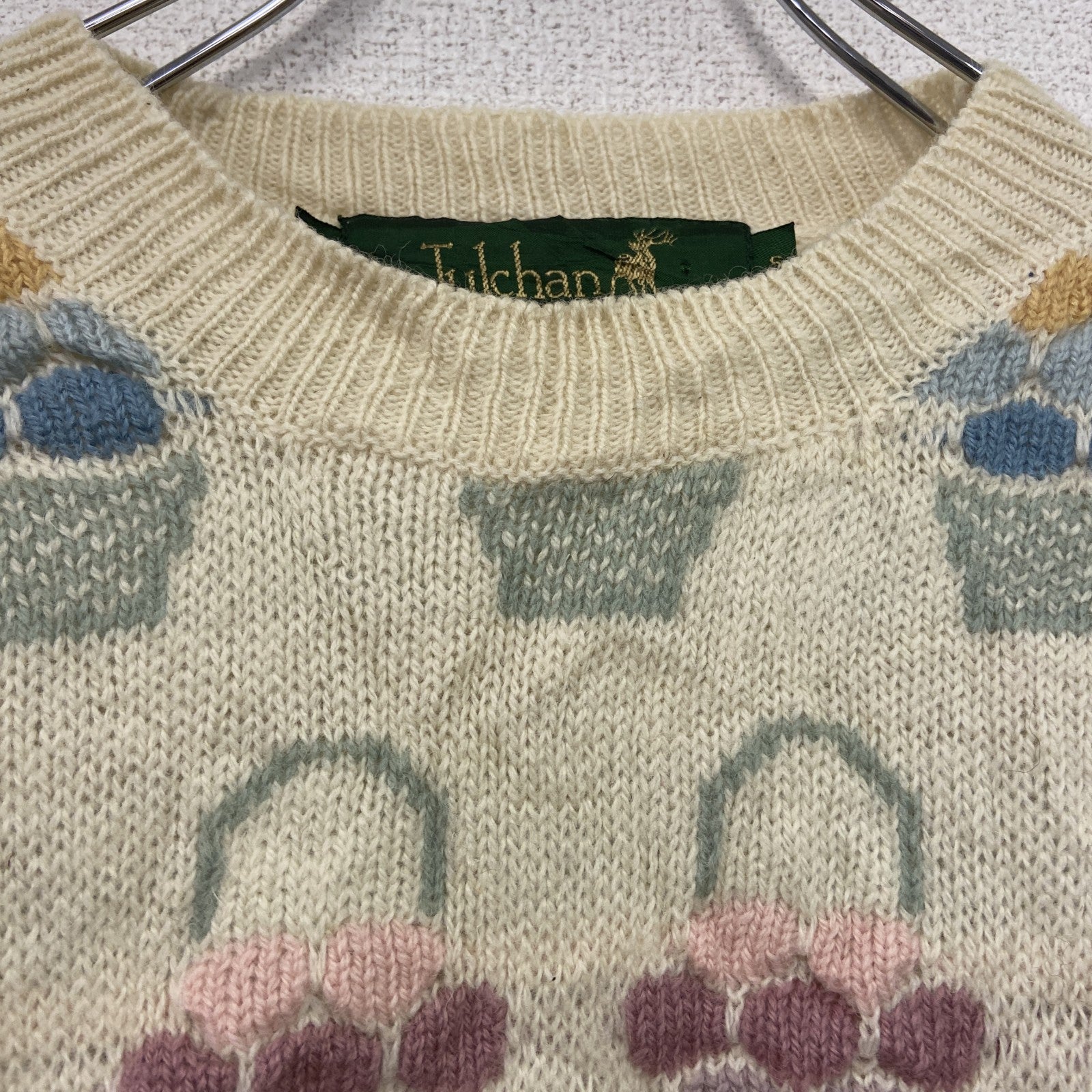～00s　Tulchan　ウールニットセーター　Pure New Wool　総柄　ヴィンテージ　アイボリー　Sサイズ