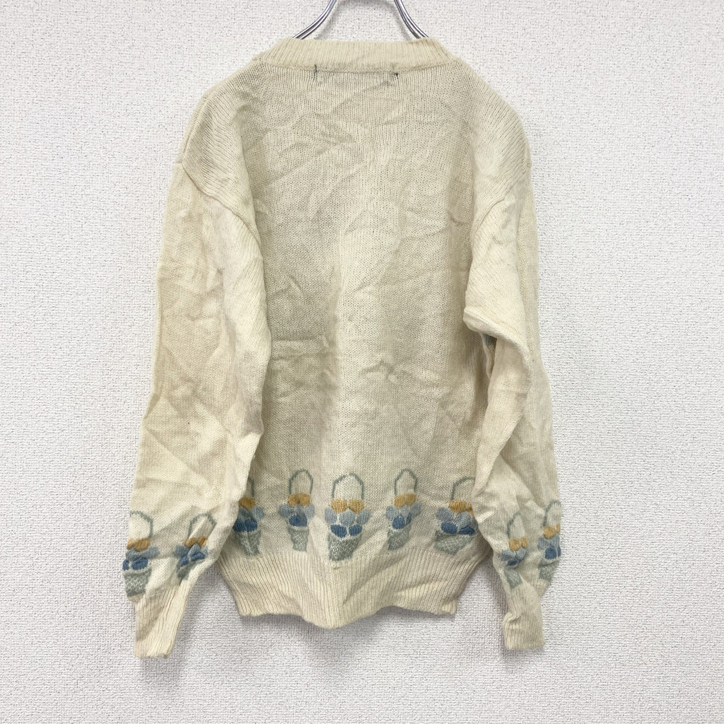 ～00s　Tulchan　ウールニットセーター　Pure New Wool　総柄　ヴィンテージ　アイボリー　Sサイズ