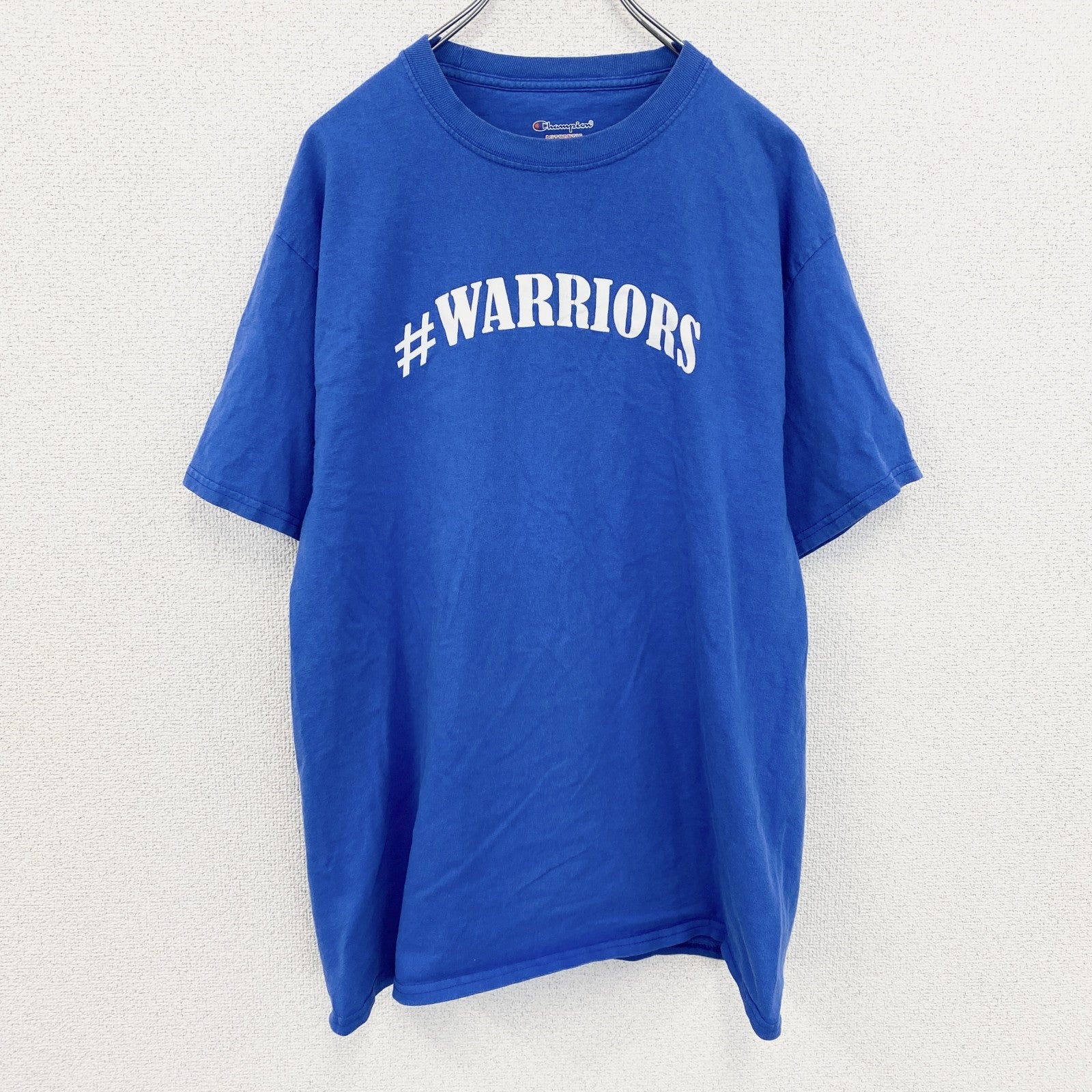 古着 used　Champion　チャンピオン　半袖アーチプリントＴシャツ　袖ロゴ　コットン　青　ブルー　Lサイズ