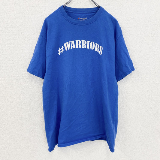 古着 used　Champion　チャンピオン　半袖アーチプリントＴシャツ　袖ロゴ　コットン　青　ブルー　Lサイズ