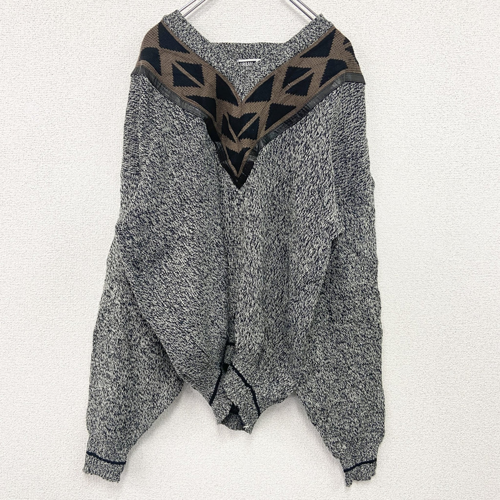 90s　URBAN WORKS　アクリルニットセーター　Vネック　総柄　ヴィンテージ　灰色　グレー　XLサイズ