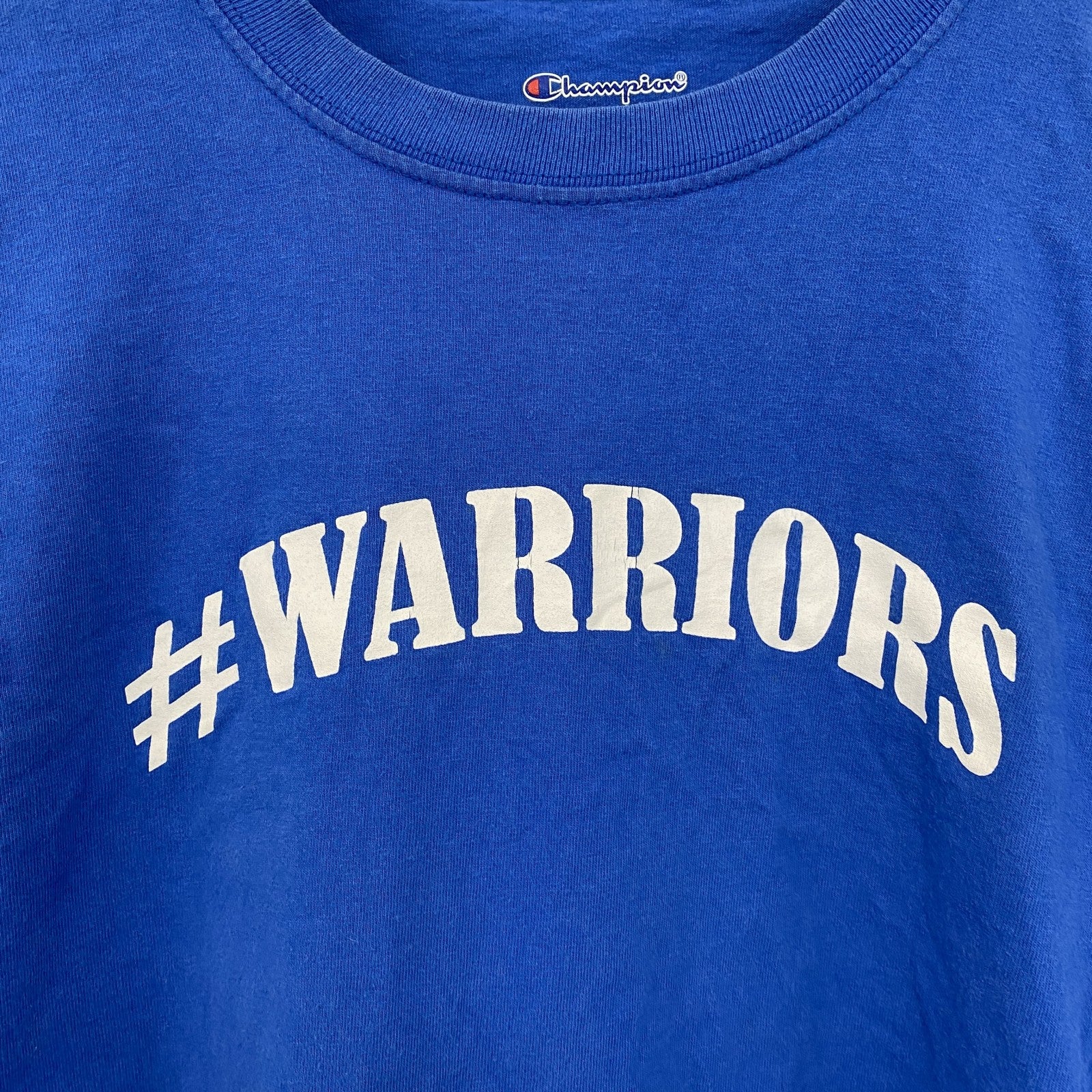 古着 used　Champion　チャンピオン　半袖アーチプリントＴシャツ　袖ロゴ　コットン　青　ブルー　Lサイズ