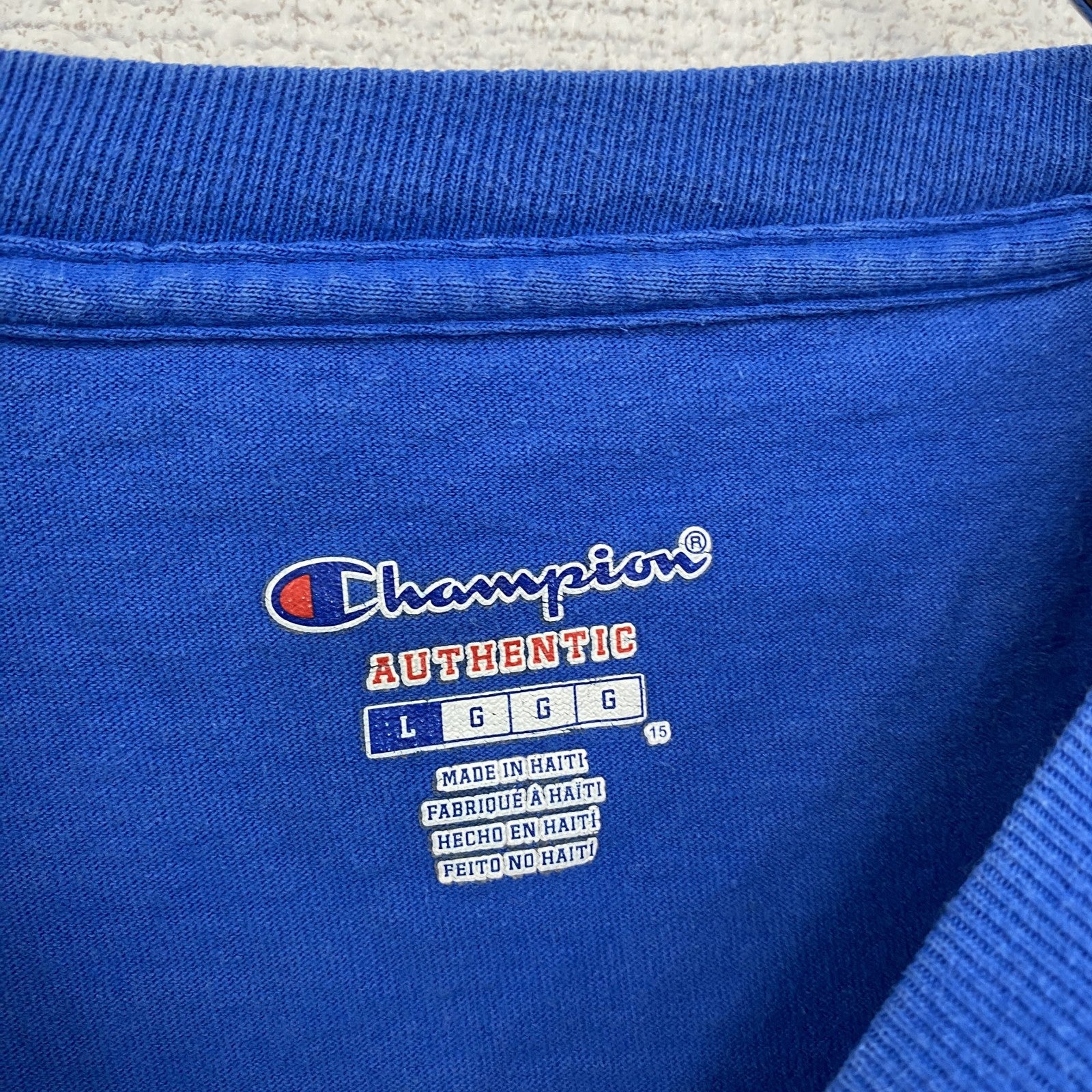 古着 used　Champion　チャンピオン　半袖アーチプリントＴシャツ　袖ロゴ　コットン　青　ブルー　Lサイズ