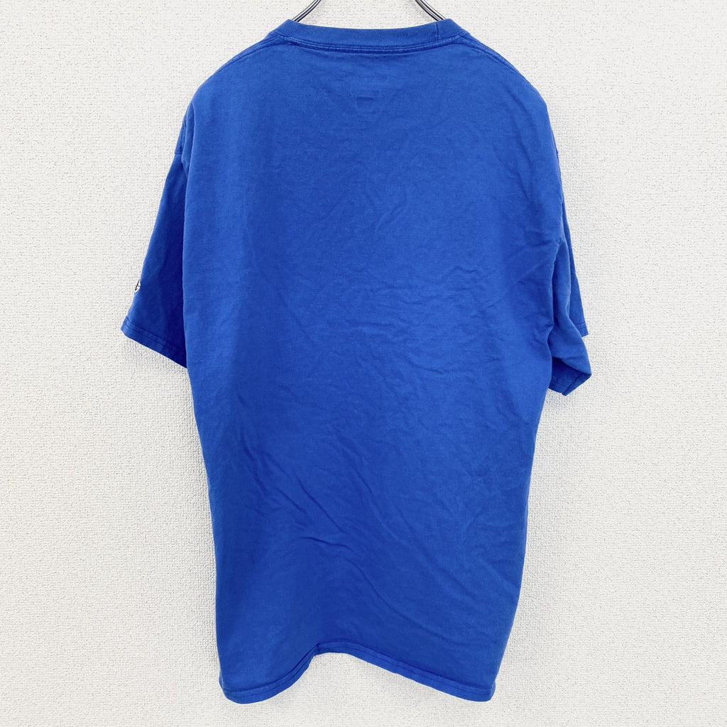 古着 used　Champion　チャンピオン　半袖アーチプリントＴシャツ　袖ロゴ　コットン　青　ブルー　Lサイズ