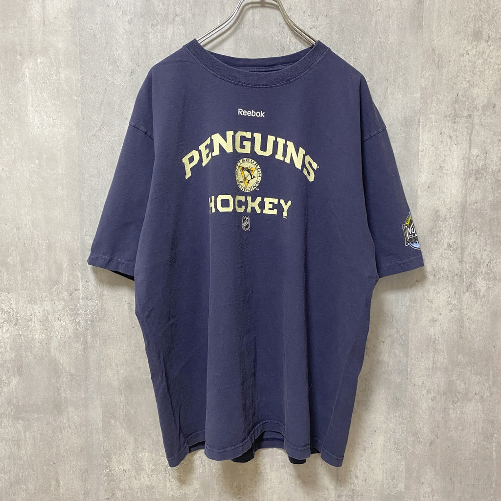 古着 used　Reebok　リーボック　半袖プリントTシャツ　ホッケー　ペンギン　スポーツTシャツ　紺　ネイビー　Lサイズ