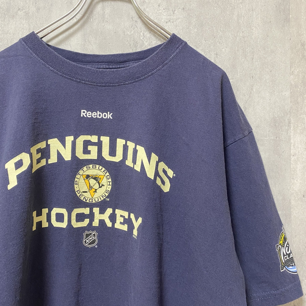 古着 used　Reebok　リーボック　半袖プリントTシャツ　ホッケー　ペンギン　スポーツTシャツ　紺　ネイビー　Lサイズ