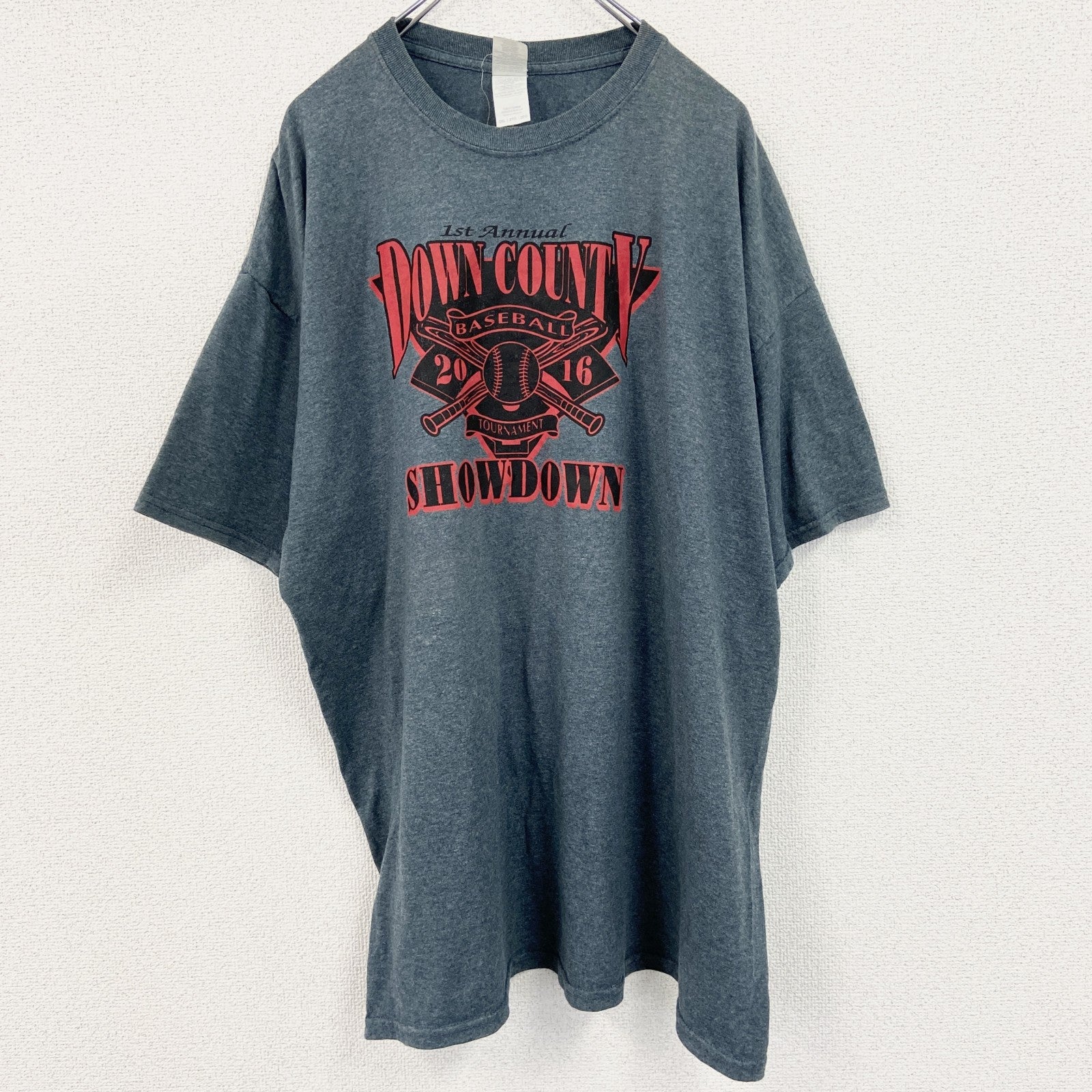 古着 used　半袖プリントTシャツ　野球　ベースボール　クルーネック　レトロデザイン　灰色　グレー　2XLサイズ