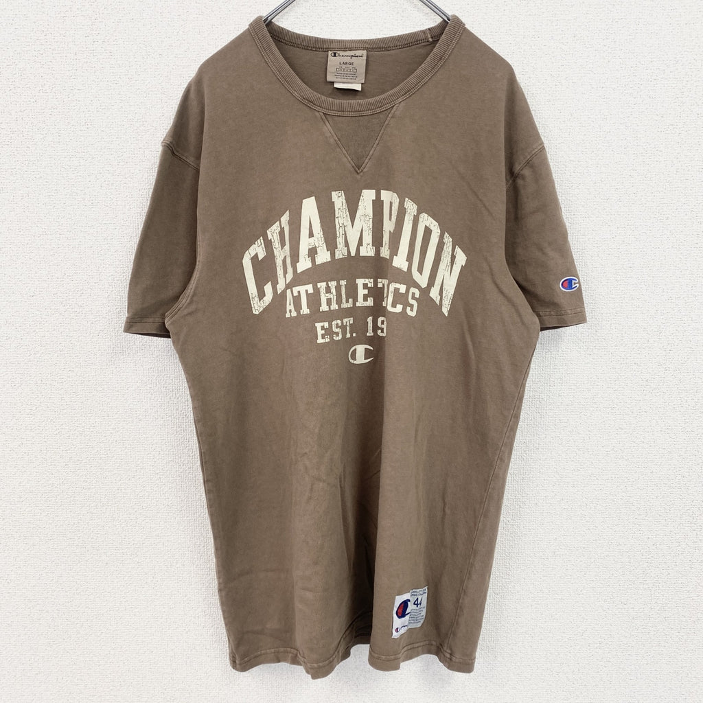 古着 used　champion　チャンピオン　半袖ロゴプリントTシャツ　クルーネック　V字ガゼット　ブラウン　Lサイズ
