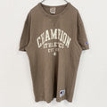 古着 used　champion　チャンピオン　半袖ロゴプリントTシャツ　クルーネック　V字ガゼット　ブラウン　Lサイズ
