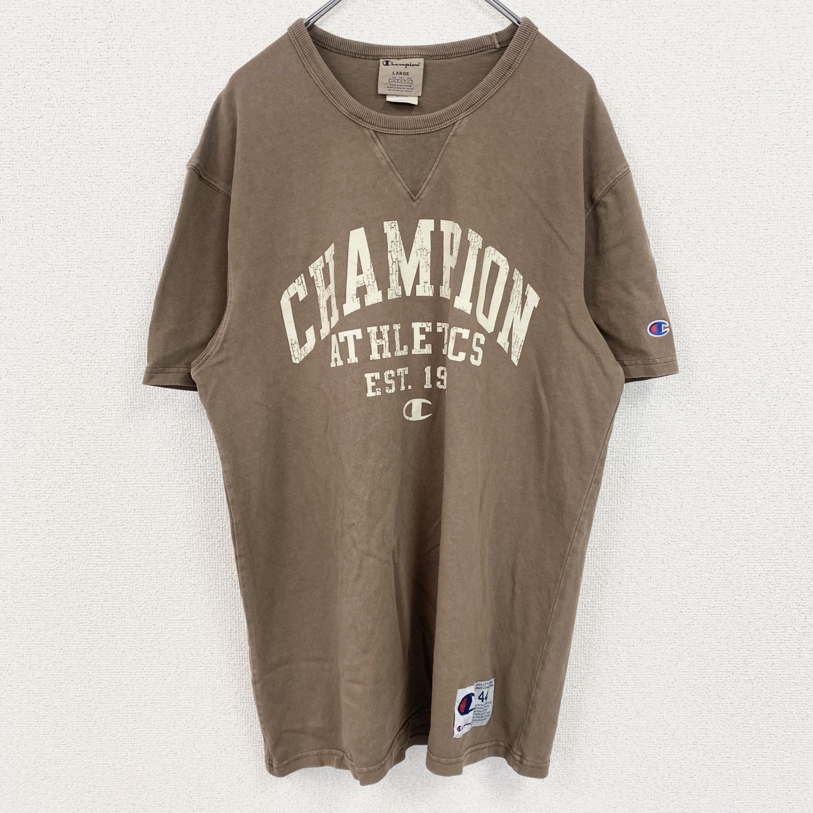 古着 used　champion　チャンピオン　半袖ロゴプリントTシャツ　クルーネック　V字ガゼット　ブラウン　Lサイズ