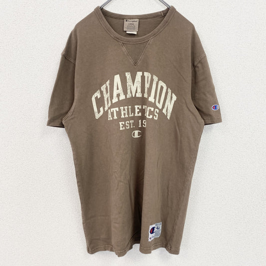 古着 used　champion　チャンピオン　半袖ロゴプリントTシャツ　クルーネック　V字ガゼット　ブラウン　Lサイズ