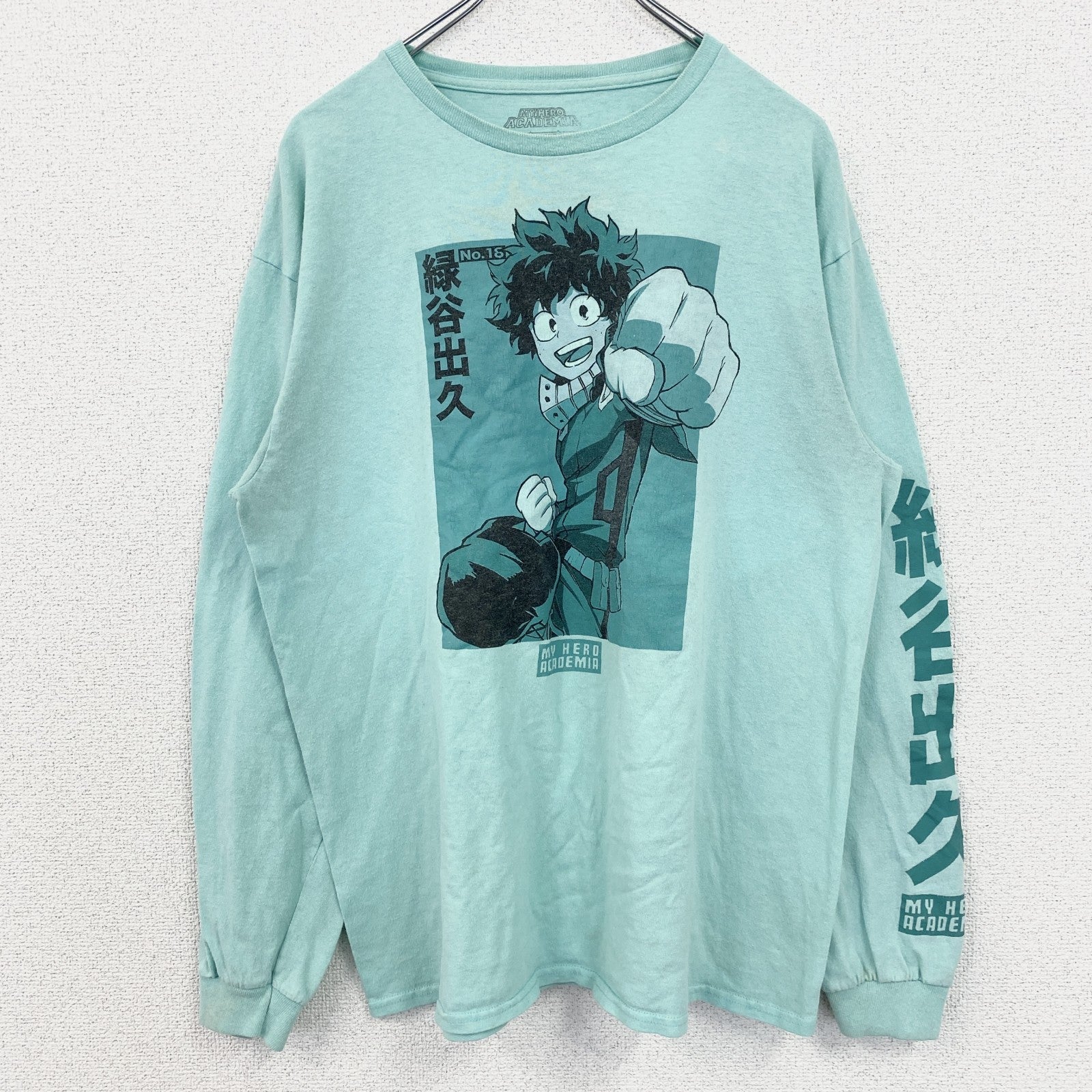 古着 used　僕のヒーローアカデミア　緑谷出久　長袖アニメプリントＴシャツ　キャラクターデザイン　グリーン　Lサイズ