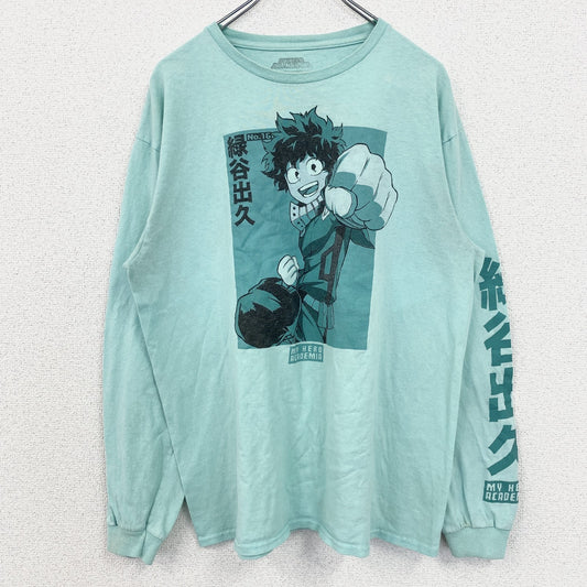 古着 used　僕のヒーローアカデミア　緑谷出久　長袖アニメプリントＴシャツ　キャラクターデザイン　グリーン　Lサイズ