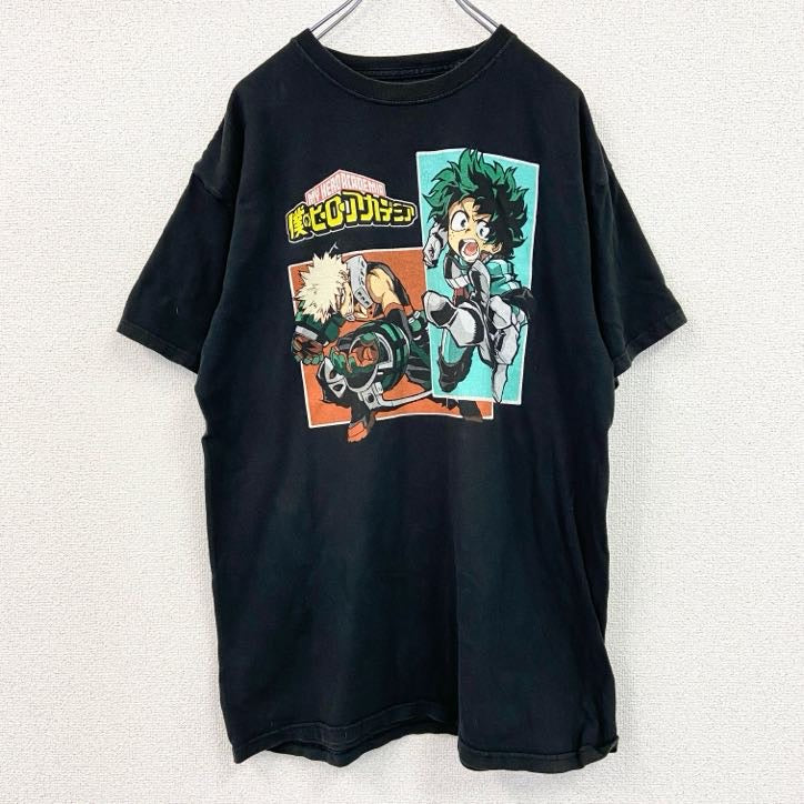 古着 used　半袖アニメプリントTシャツ　僕のヒーローアカデミア　クルーネック　レトロデザイン　黒　ブラック　Lサイズ