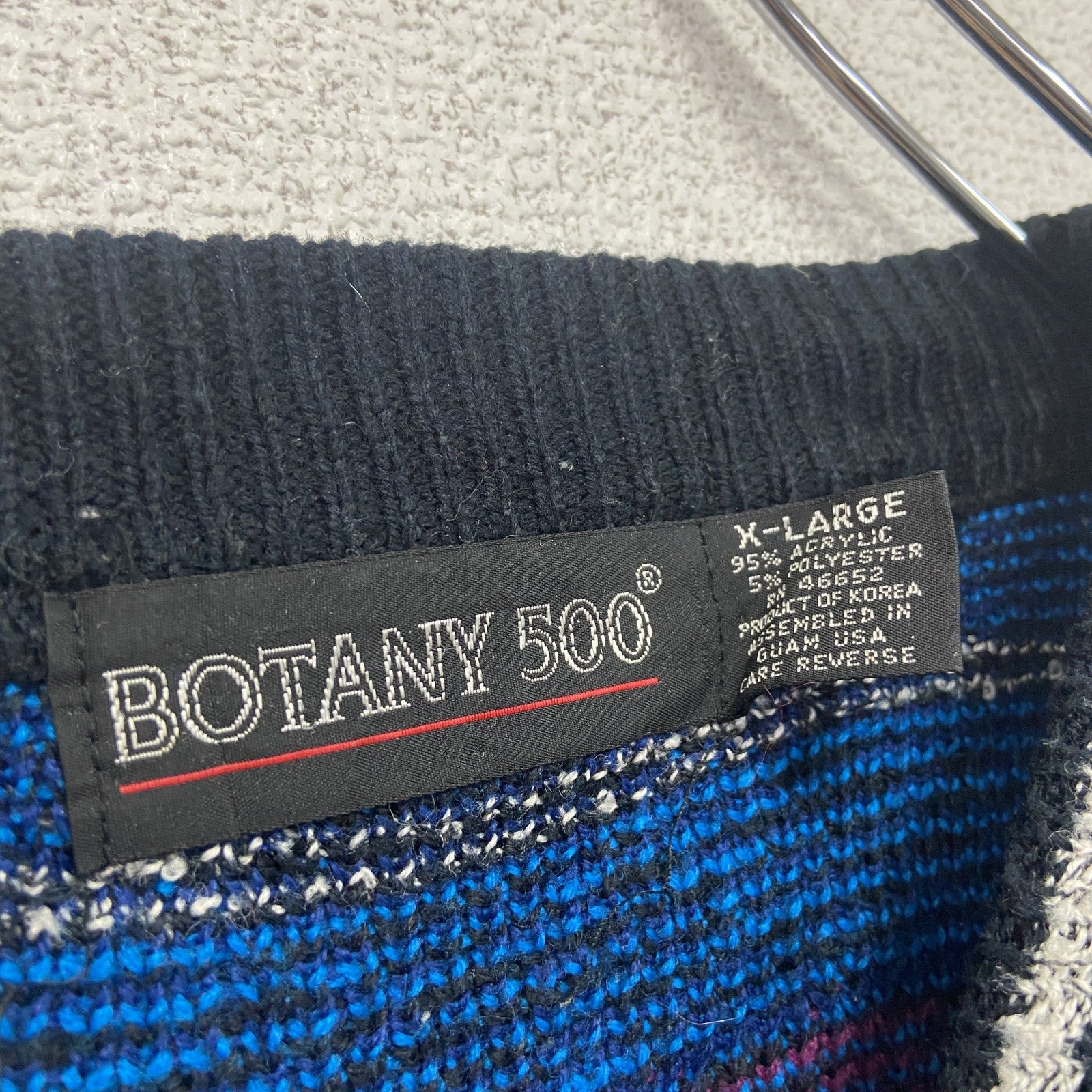 ～90s　BOTANY500　アクリルニットセーター　クルーネック　フェアアイル柄　総柄　ヴィンテージ　青　ブルー　XLサイズ