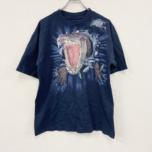 00s　半袖アニマルTシャツ　ワニ　両面プリント　ヴィンテージ　紺　ネイビー