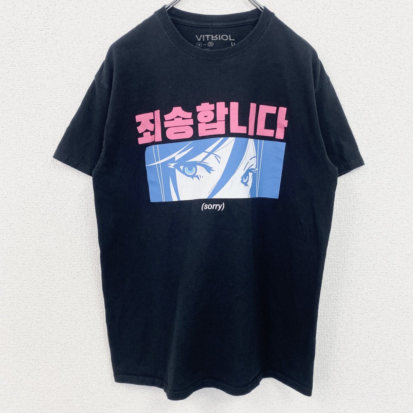 古着 used　VITRIOL　半袖キャラクタープリントTシャツ　ハングル　Sorry　クルーネック　黒　ブラック　Mサイズ