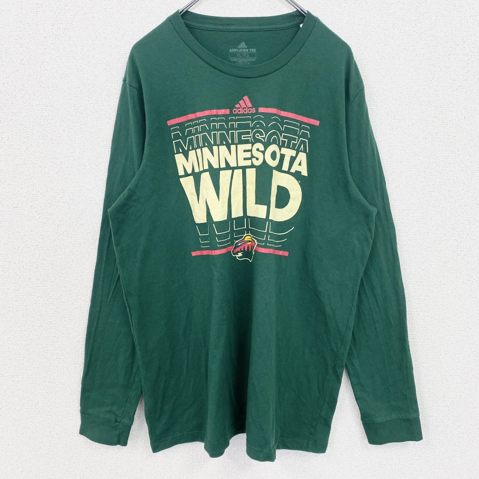 古着 used　adidas　アディダス　長袖プリントTシャツ　クルーネックロンT　ミネソタワイルド　ホッケー　緑　XLサイズ