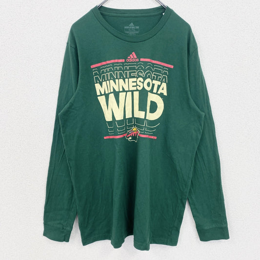 古着 used　adidas　アディダス　長袖プリントTシャツ　クルーネックロンT　ミネソタワイルド　ホッケー　緑　XLサイズ