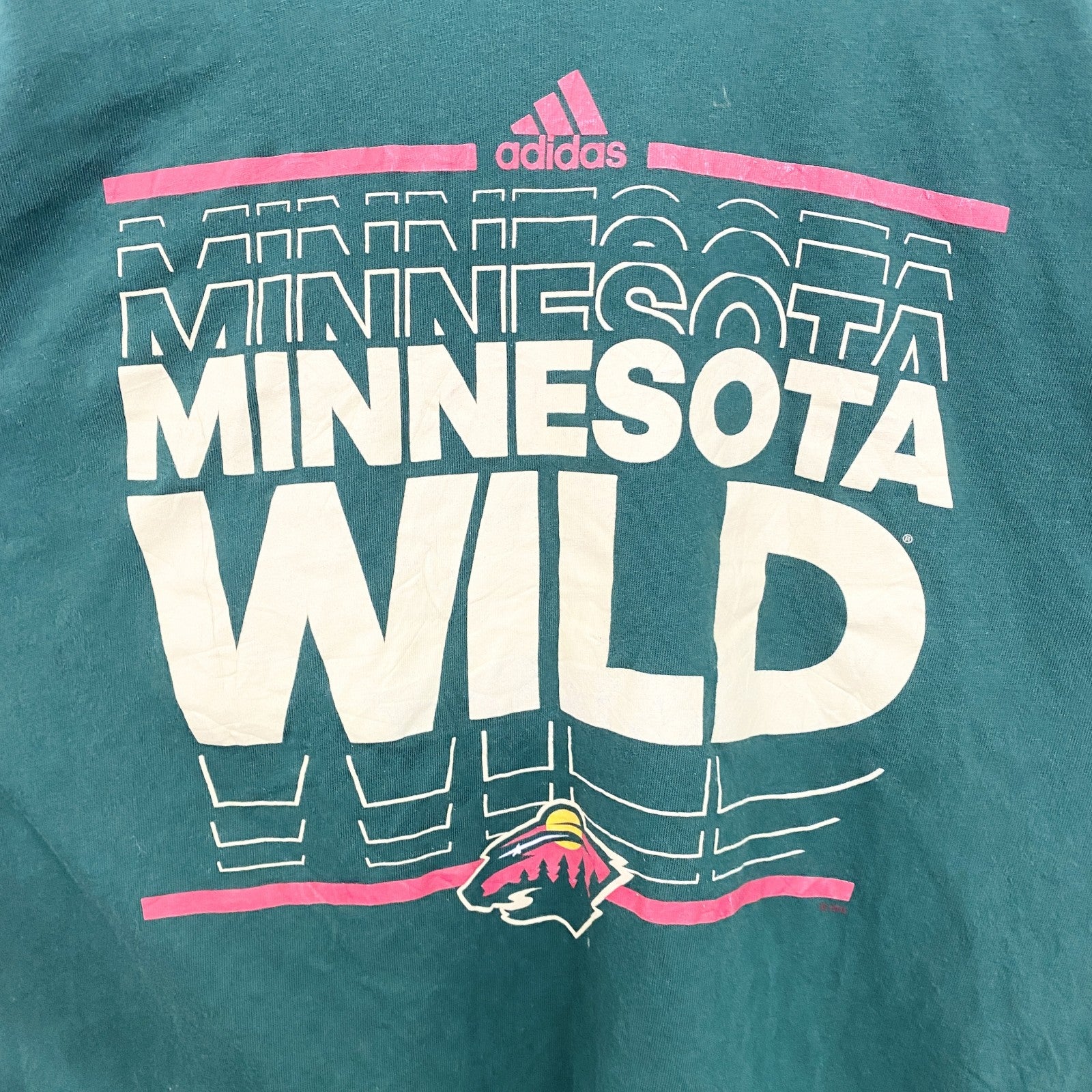古着 used　adidas　アディダス　長袖プリントTシャツ　クルーネックロンT　ミネソタワイルド　ホッケー　緑　XLサイズ