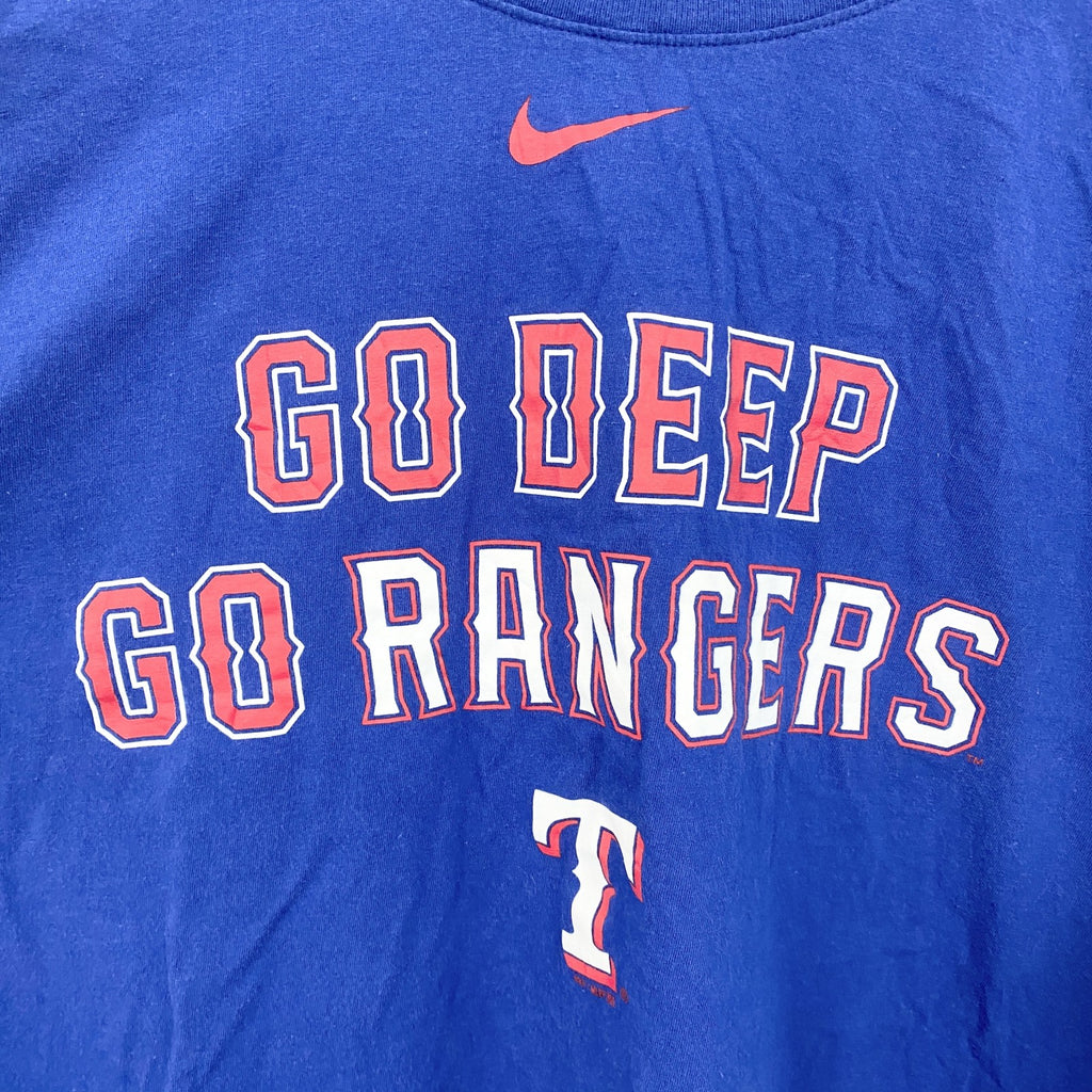 古着 used　NIKE　ナイキ　半袖プリントクルーネックTシャツ　MLB　レンジャーズ　野球　クルーネック　青　2XLサイズ