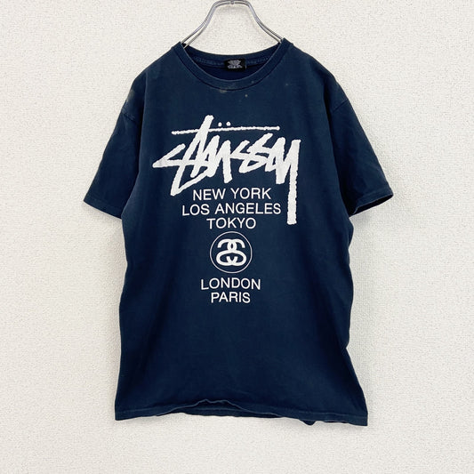 STUSSY　ステューシー　半袖プリントTシャツ　WORLD TOUR TEE　デカロゴ　紺　ネイビー　Mサイズ