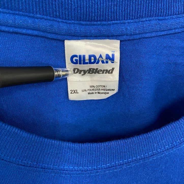 古着 used　ギルダン　半袖プリントTシャツ　クーガーバスケットボール　クルーネック　レトロデザイン　青　ブルー　2XLサイズ