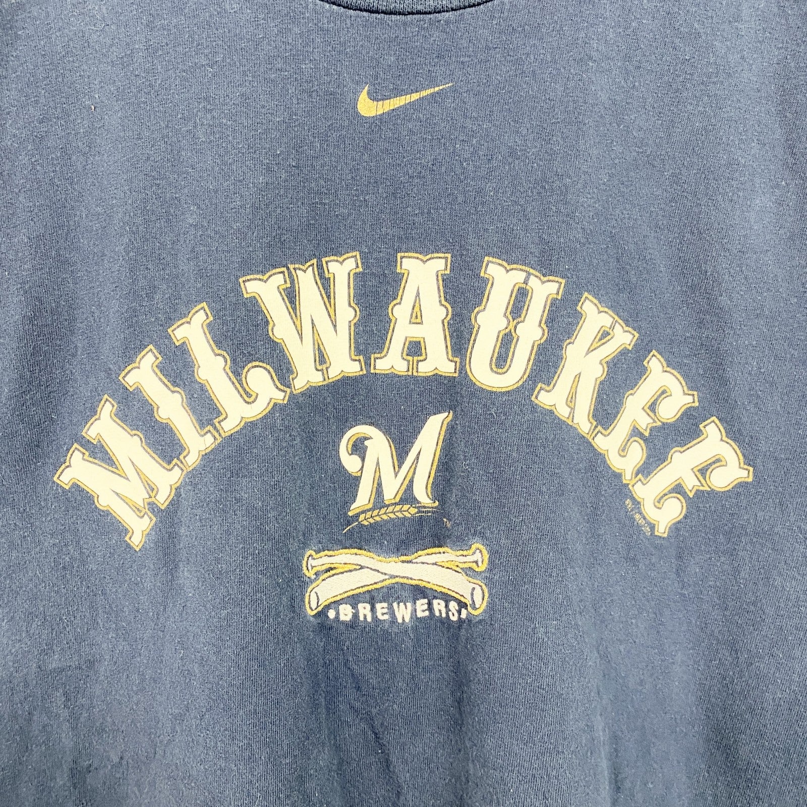 古着 used　NIKE　ナイキ　半袖クルーネックプリントＴシャツ　ミルウォーキーブルワーズ　野球　ネイビー　Lサイズ