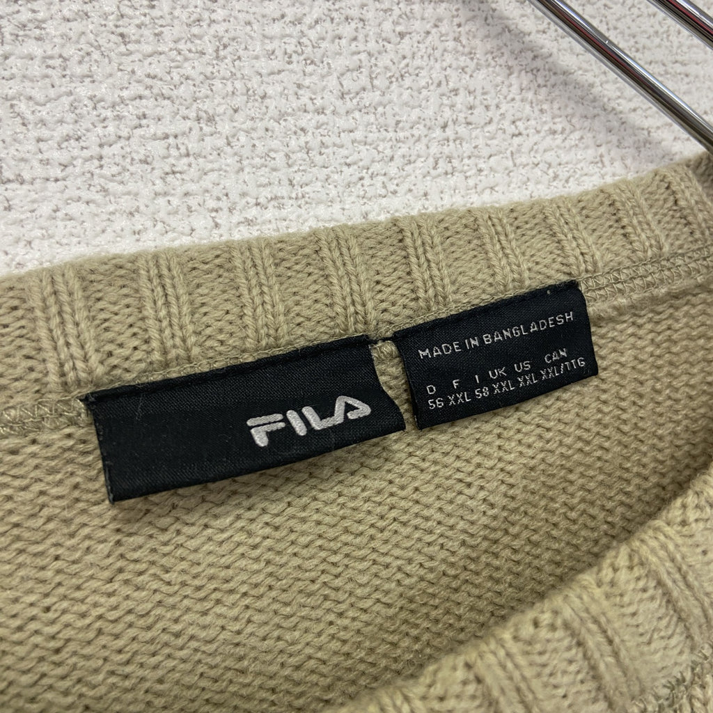 FILA　フィラ　ニットセーター　前V　 刺繍ロゴ　ワンポイント　スポーツミックス　ドロップショルダー　ベージュ　2XLサイズ