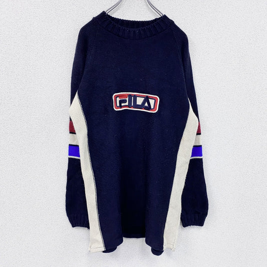 ～00s　FILA　フィラ　アクリルニットセーター　ヴィンテージ　デカロゴ　紺　ネイビー