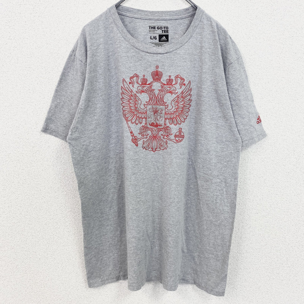 古着 used　adidas　アディダス　半袖プリントTシャツ　ロシア代表　クルーネック　グレー　レトロデザイン　Lサイズ