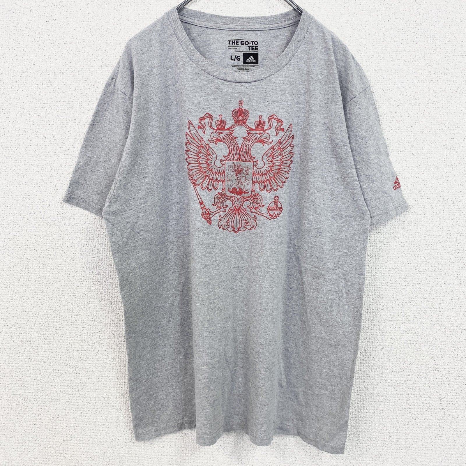 古着 used　adidas　アディダス　半袖プリントTシャツ　ロシア代表　クルーネック　グレー　レトロデザイン　Lサイズ