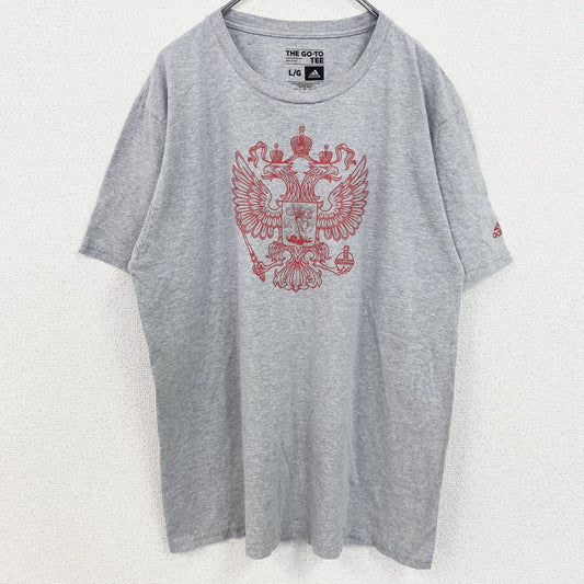 古着 used　adidas　アディダス　半袖プリントTシャツ　ロシア代表　クルーネック　グレー　レトロデザイン　Lサイズ
